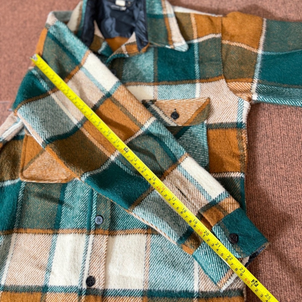 A- Vintage JCPenney Plaid Flannel Shirt Jacket Green Brown Quilted Lined Mens M - Picture 8 of 8